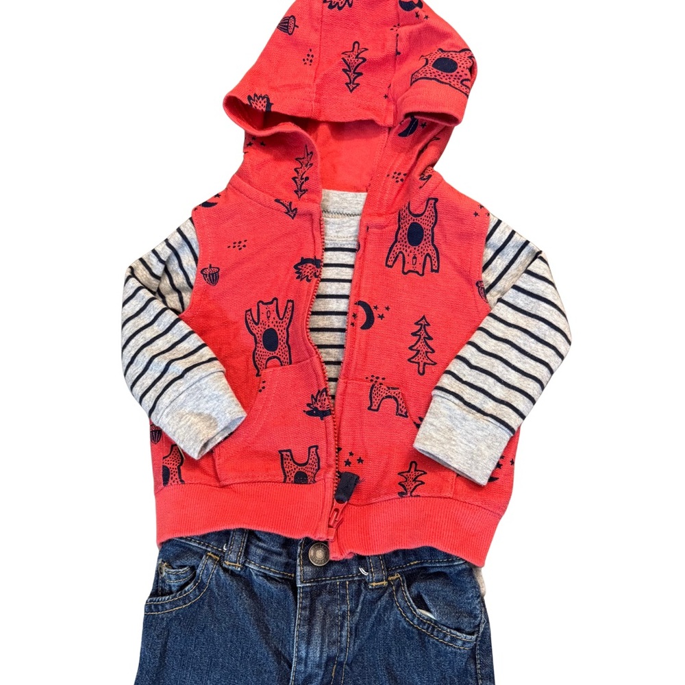 Carter's Coral Red Hooded Vest, Striped Long Sleeve Top and‎ Denim Jeans Sz 6mth - Picture 2 of 4